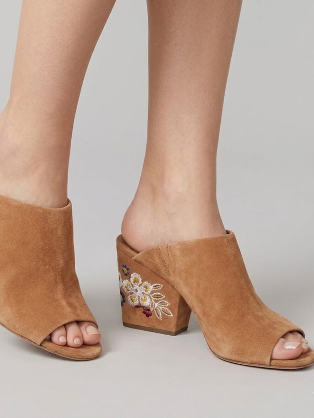 Tory Burch Tan Peep-Toe Mules with embroidered heels size 10